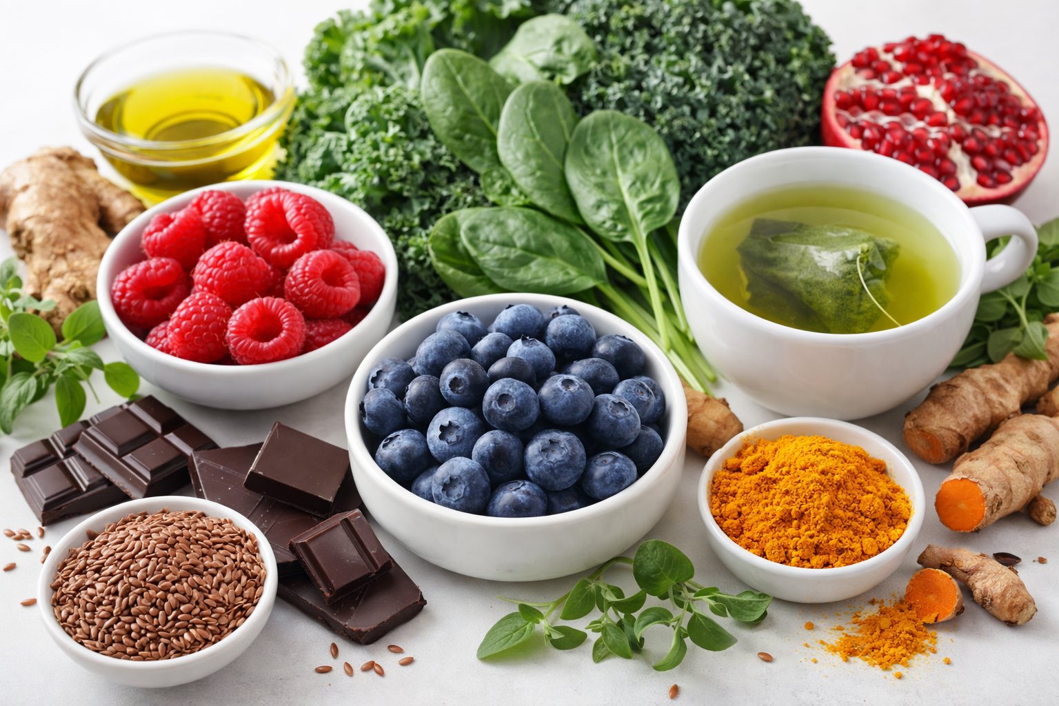 Colorful antioxidant rich foods including blueberries, raspberries, spinach, kale, turmeric, green tea and dark chocolate arranged on a clean table to illustrate an antioxidant-rich diet for anti-aging and weight support.
