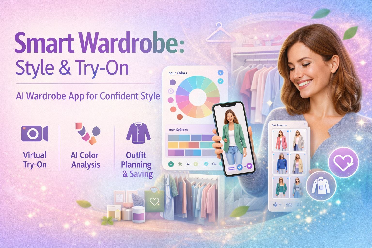 Smart Wardrobe app screenshot showing color analysis online and outfit planning for finding the best colors for my skin tone