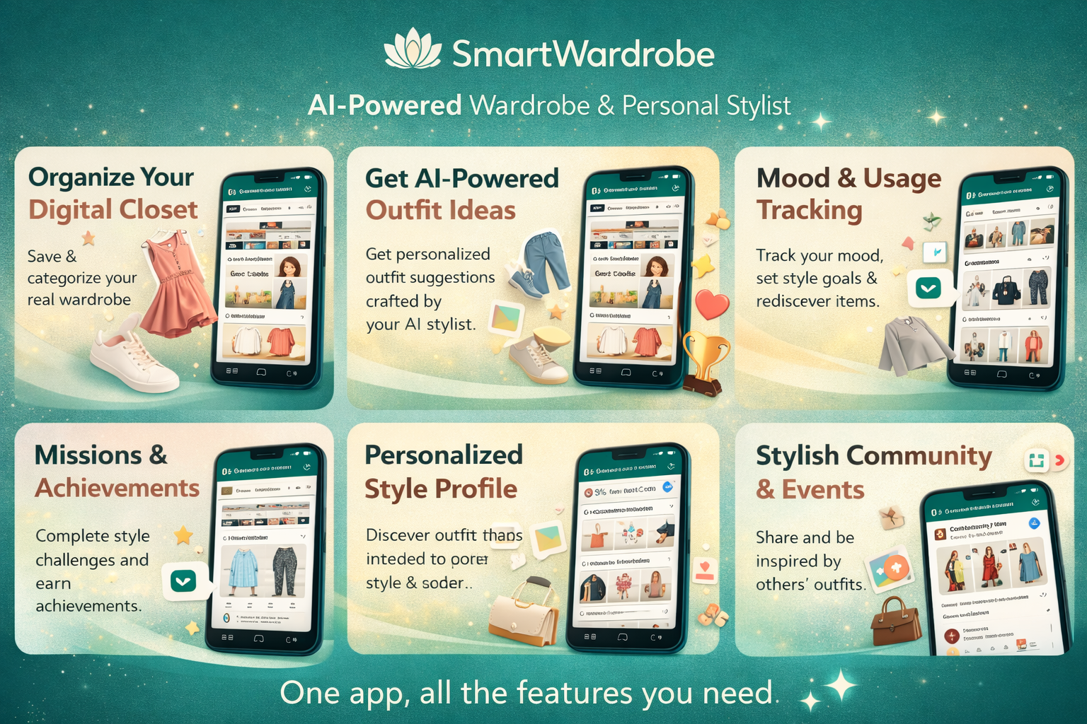 Smart Wardrobe Style and Try On app on a smartphone showing AI outfit suggestions, digital wardrobe items, and virtual try on for busy professional women